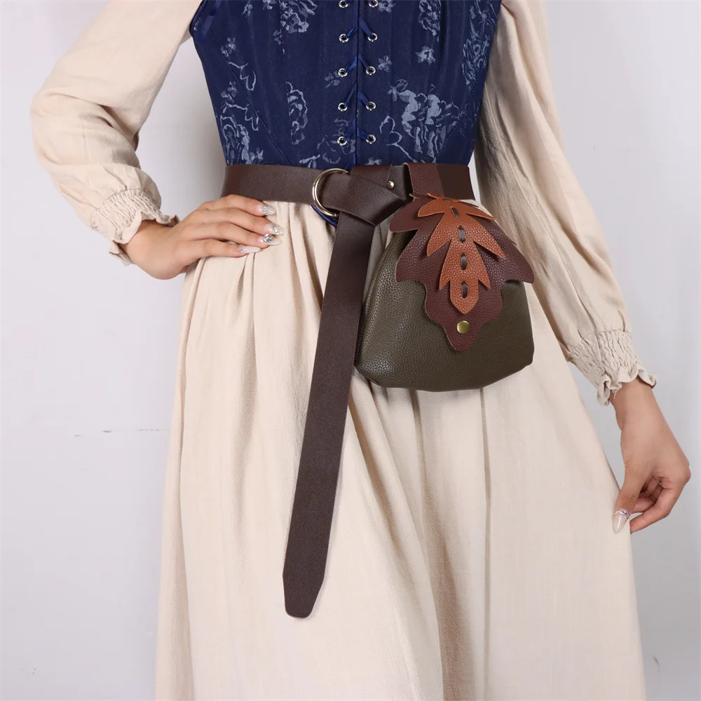 UYEE Medieval Belt Elf Leaf Waist Bag Renaissance Belt Cosplay Copper Coin Waist Bag  Skirt Buckle Prop Leather Belt Halloween