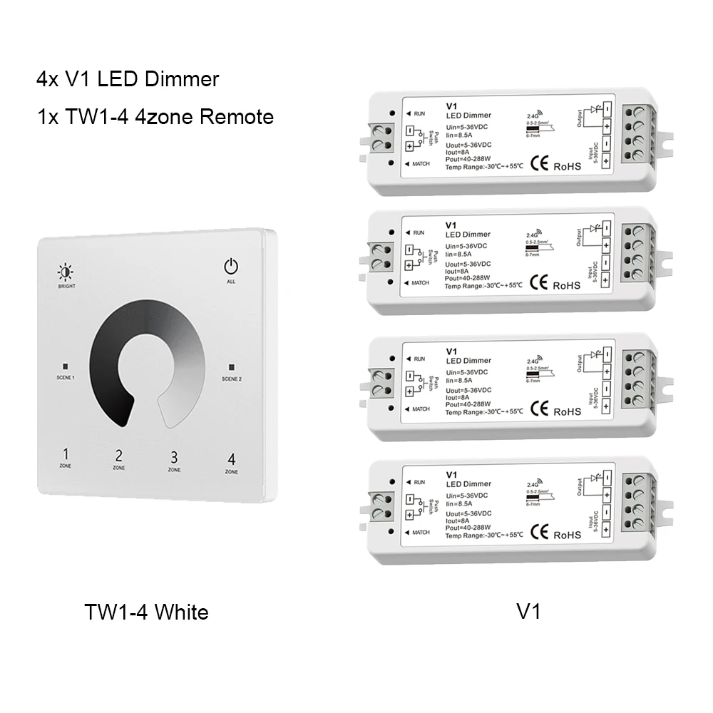 CENFAYA V1 LED-Dimmer 1 Kanal 5V 12V 24V 36V 4-Zonen-Einfarb-LED-Streifen-Dimmkit Wireless 2,4g HF-Fernbedienung Touch-Schalter Dimer 7