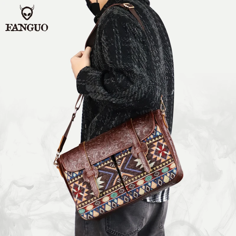 

High Quality Genuine Leather Waxed Canvas Shoulder Bag National Style Crossbody Bag Young Men Patchwork Color Flap Sling Bag