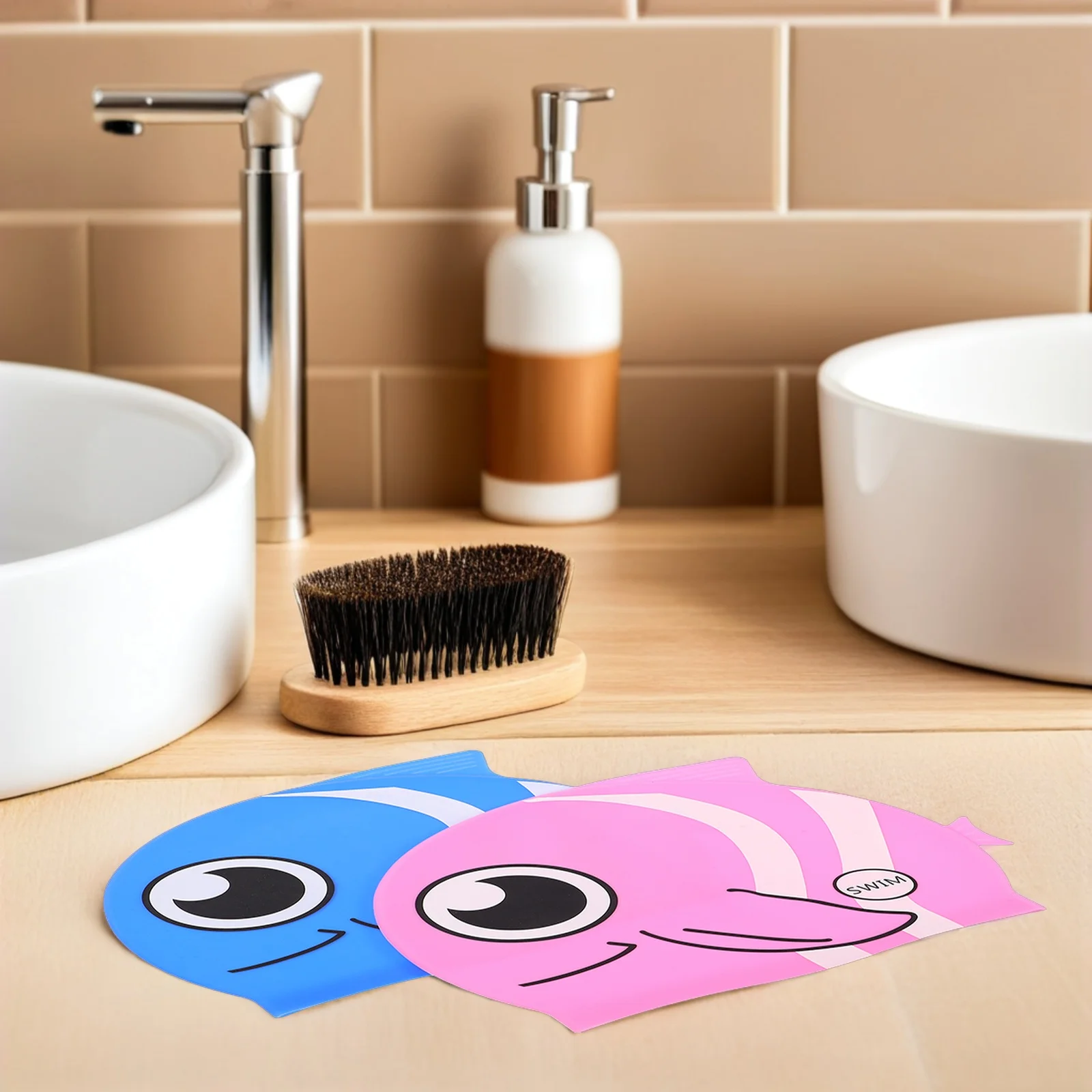 

2Pcs Swim Cap Silicone Cartoon Fish Design Waterproof Stretchable Ear Protector Swim Hat for