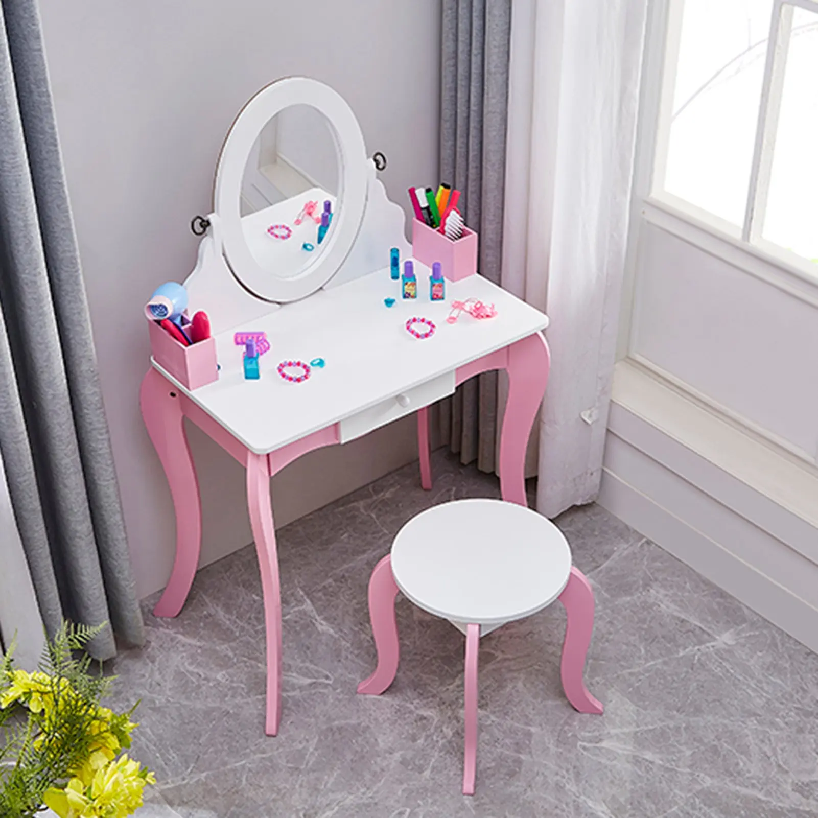 

Kids Vanity Set Wooden Makeup Dressing Princess Table Kids Makeup Dressing Princess Table with Mirror&Stool Anti Slip Foot Pads