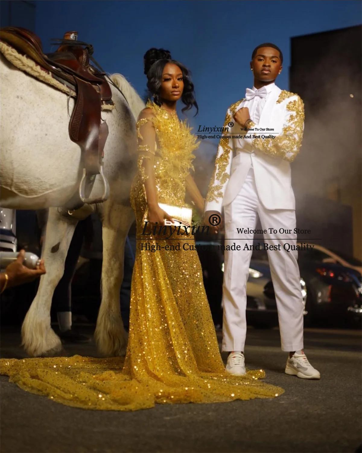 Fashion White Men Suits Luxury Gold Beaded Crystals Wedding Groom Tuxedos 2 Pieces Sets Male Party Prom Blazer Costutme  Homme