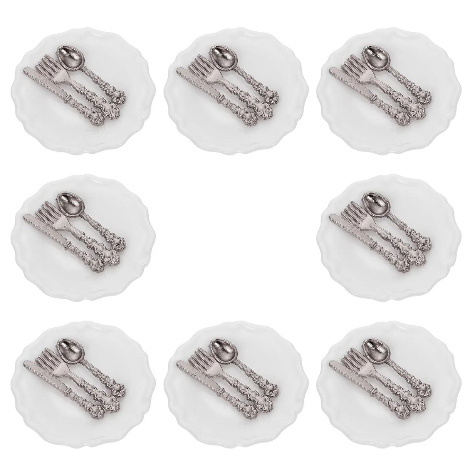 

8 Sets Miniature House Tableware Kits Premium Ceramic Alloy Forks Spoons Kitchen Furniture Accessories Miniature House Supplies