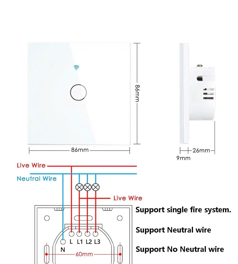 Interruptor inteligente WiFi, Interruptor táctil de pared con luz europea, 220V, sin necesidad de cable neutro, Tuya Smart Life, funciona con Alexa, Google Home, 1/2/3 entradas