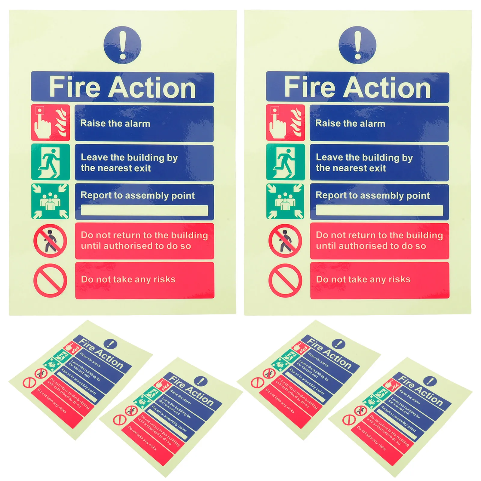6Pcs Glow in Dark Vinyl Fire Safety Stickers 15x20cm Self Adhesive Emergency Procedure Signs for Office Warehouse School Factory