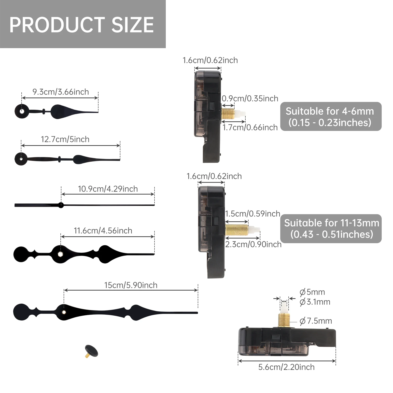 2Pack 17/23mm Shaft Length Quartz 12888 Silent Clock Movement Replacement Kit for Wall Clock Repair with 2 Set of  Hands, Hook