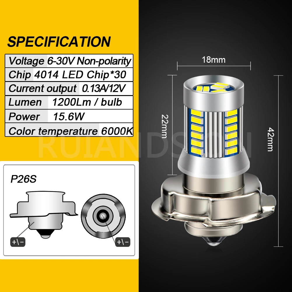 1x P26S Led Motorcycle Headlight Moto Bulb 30Pcs 4014 Chips Lamp Motor Fog Lights High Low Beam 6V 12V 24V 6000K White 4300K