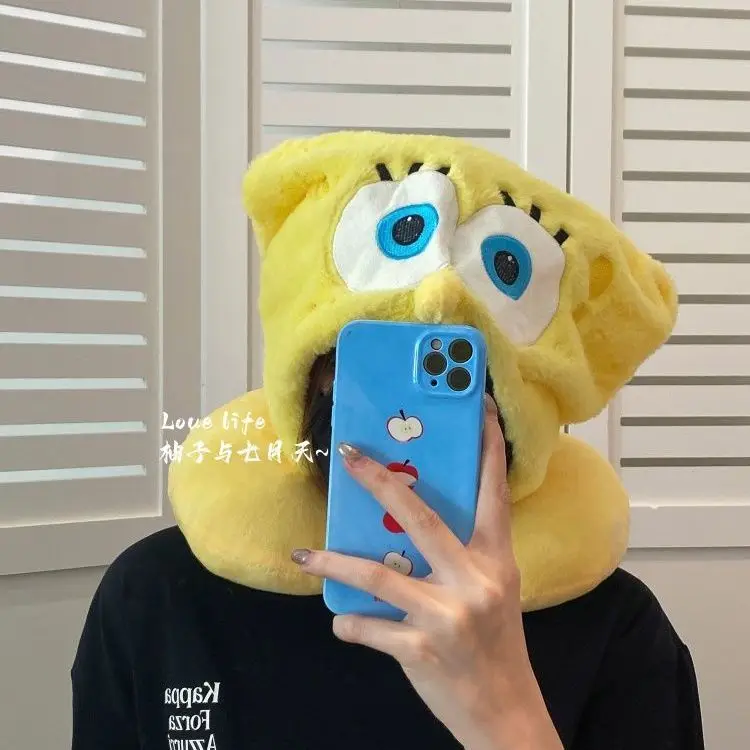 Kawaii Anime SpongeBob Hooded U-shaped Neck Pillow Cute Cartoon Travel Pillow Soft Foam Hat Pillow for Nap and Airplane Rest view 6