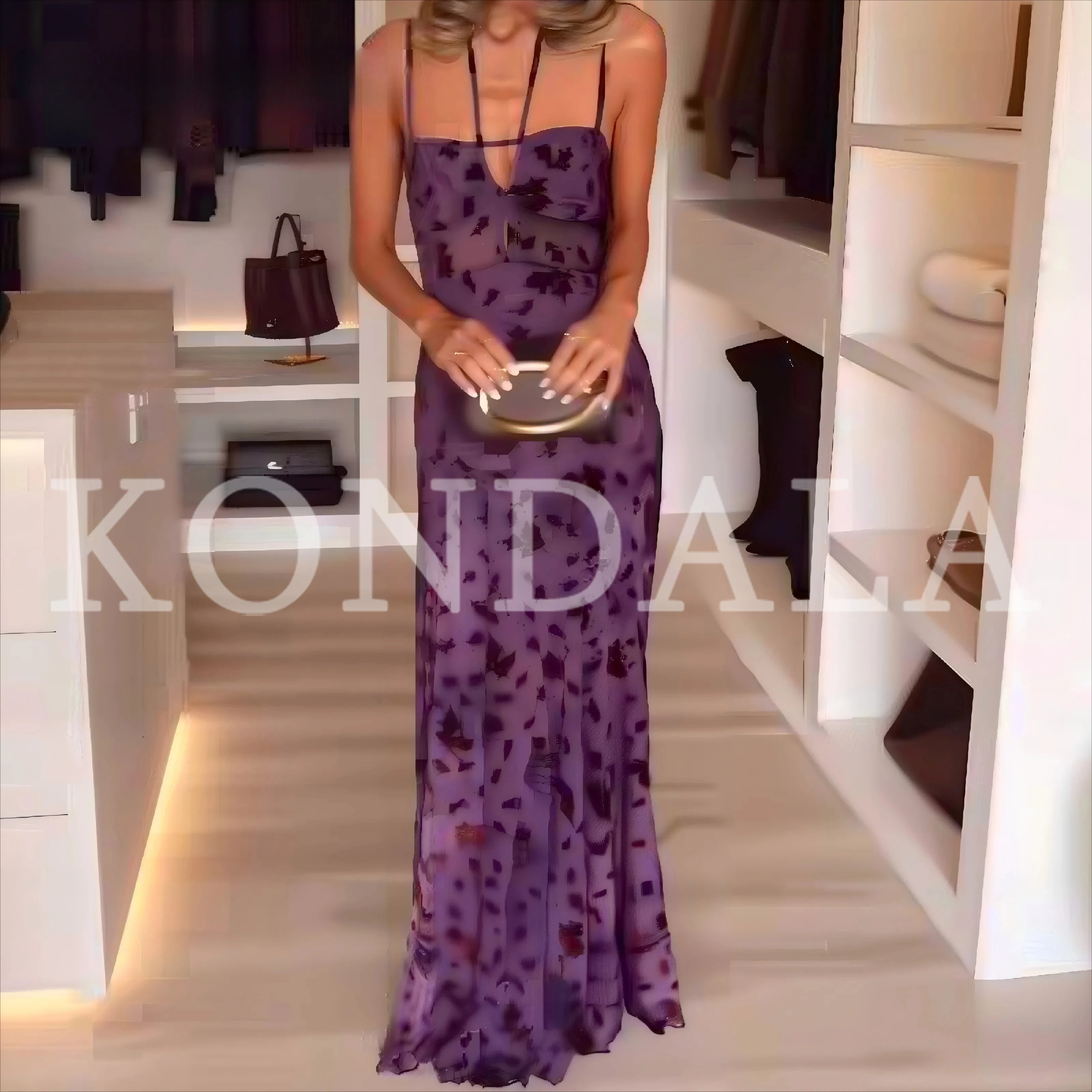 KONDALA 2026 Frühling Sommer Elegante Damen Flockdruck Seidennetz-Kleider Lila Rückenfreie Blumen Geburtstag Abschlussball Party Damenkleider