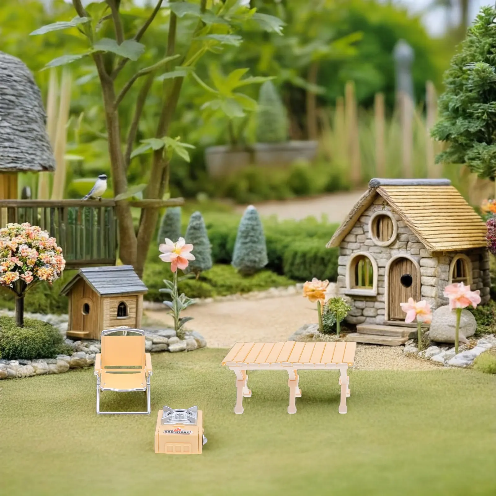 

2 набора миниатюрных складных стульев, набор для кемпинга, мини-набор для приготовления барбекю, аксессуары для игры в пикник, декор для кукольного домика и сада