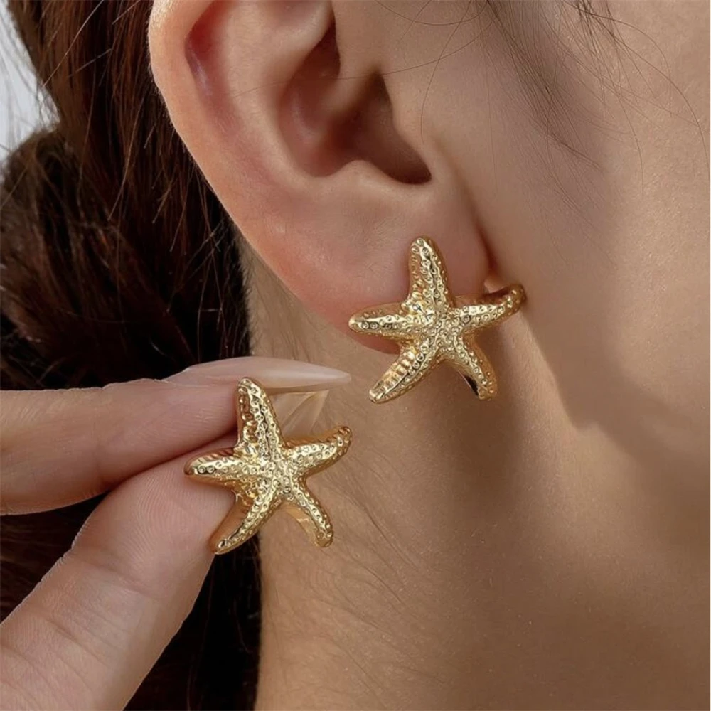 

Punk Metal Starfish Stud Earrings For Women Fashion Gold Color Star Geometric Temperament Earrings Summer Jewelry Accessories