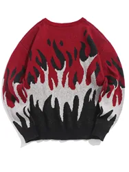 ZAFUL Men Long Sleeve Loose Sweater loose flame print jumper Burgundy New Winter 2024 Autumn sweater Back to School