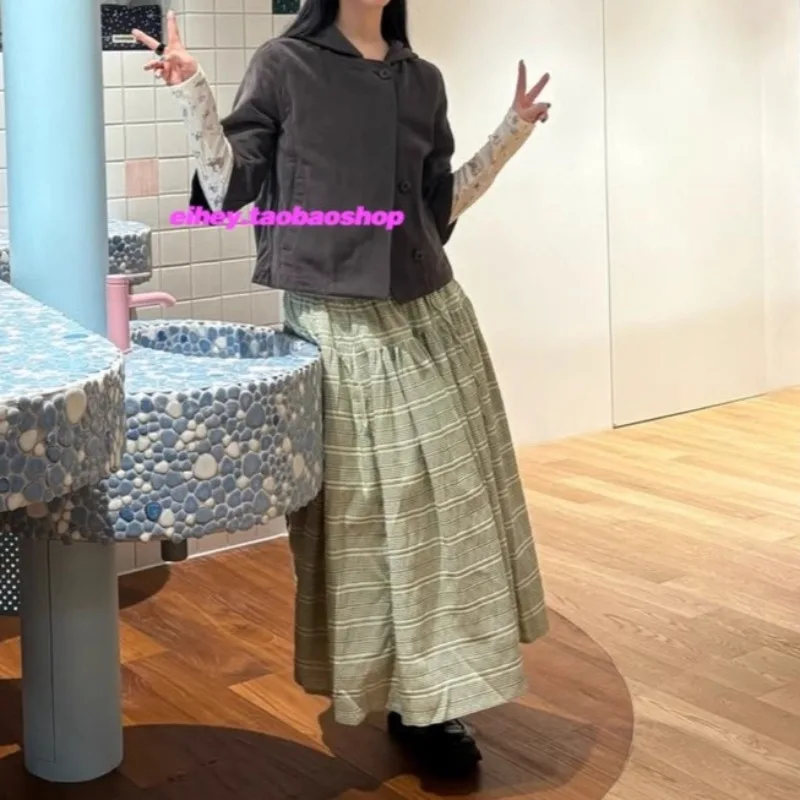 Japanese Retro Contrast Color Plaid A-line Skirt Women 2025 Winter High Waist Pleated Loose Casual Mid-length Skirt