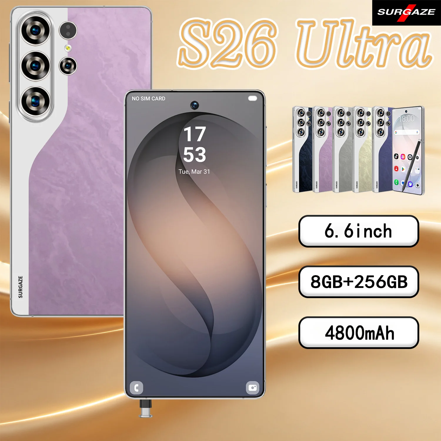 SURGAZE New S26 Ultra Smartphone 5G Android 4800mAh 12GB+512GB 6.6Inch 24+48MP Dual SIM 2026 Global Version Network Mobile Phone