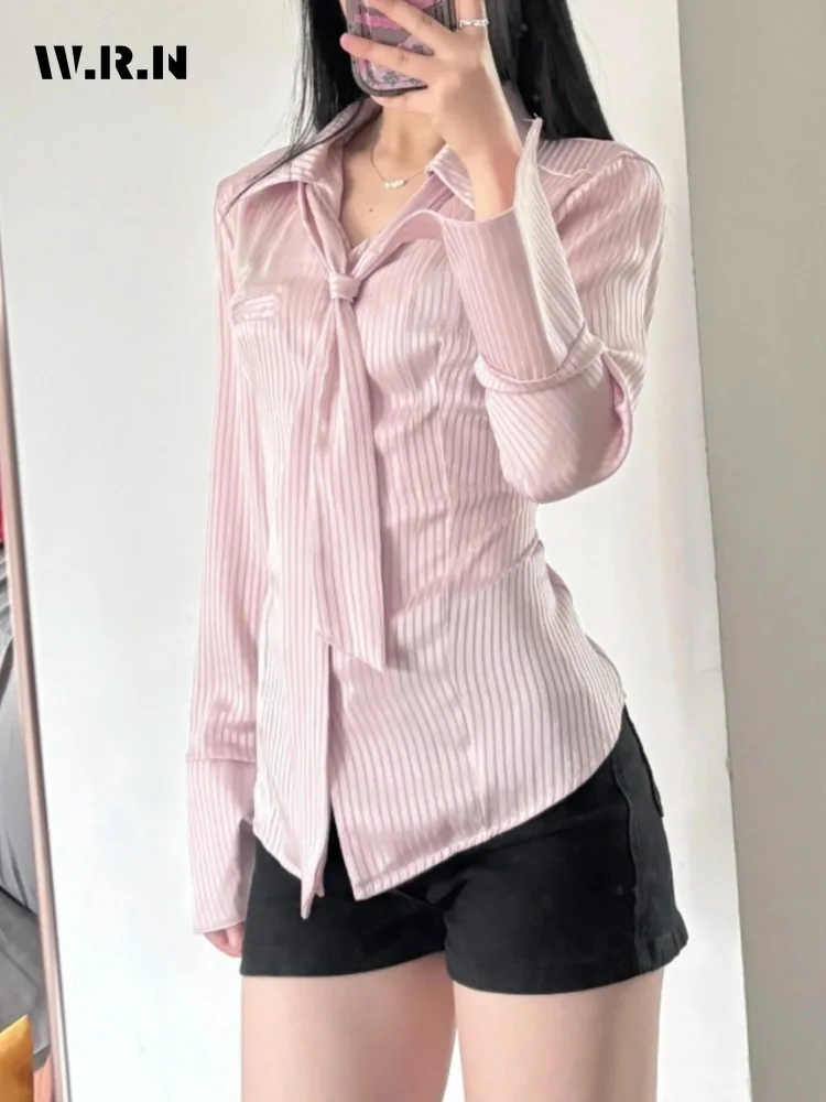 New Design Pure Desire Satin Silk Smooth Waist Shirt Long Sleeve Women's Tie Top Versatile Blue Pink Fashion