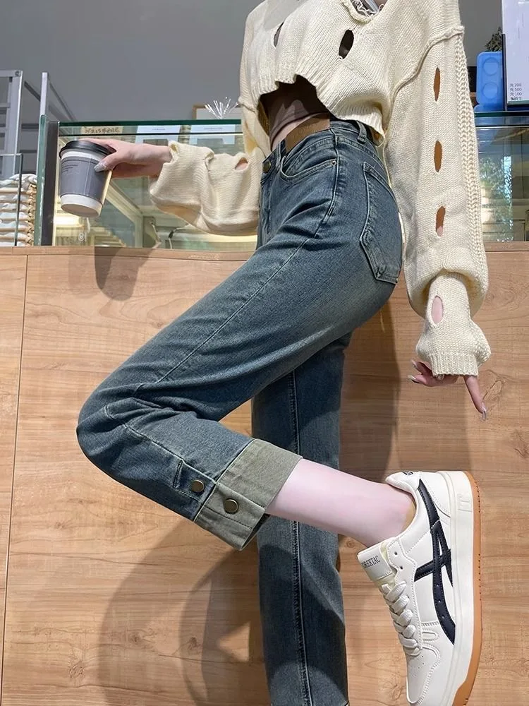 

Spring Summer 2025 Women's Short Stature High Waist Loose Straight Leg Jeans Cement Color Cigarette Pants Wear Resistant Cott...