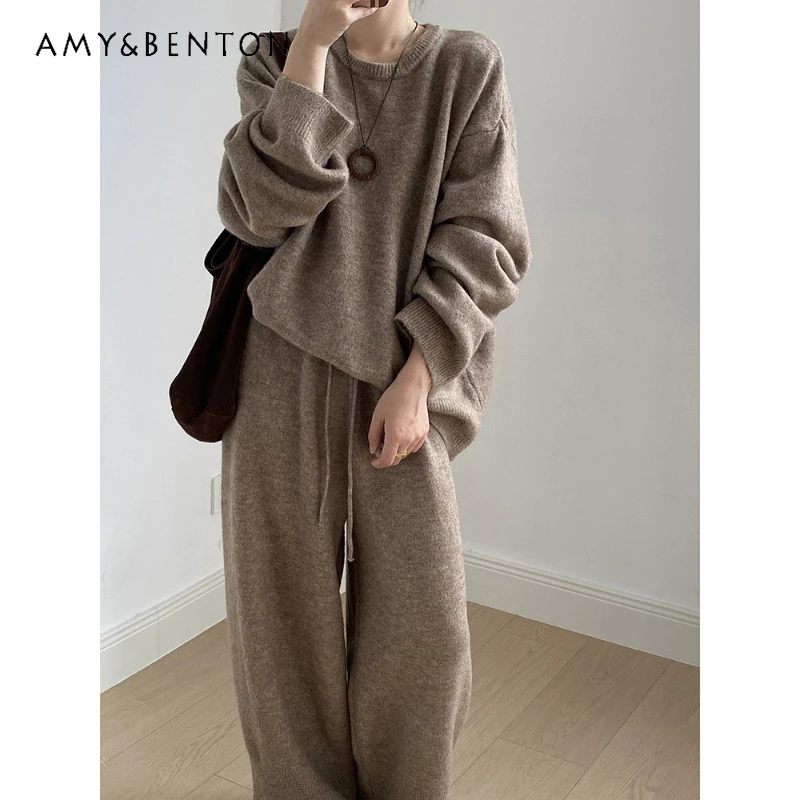 

2026 Spring Autumn New Loose Pullover Women's Sweater Korean Sweet Cool Loose Casual Knitted Long Pants Two-Piece Set Ladies