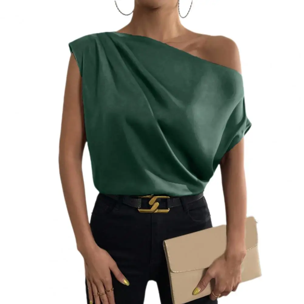 2024 Women Shirt Irregular Off-Shoulder Boat Collar Top Sleeveless Simulated Silk Blouse Smooth Satin Dating Tops