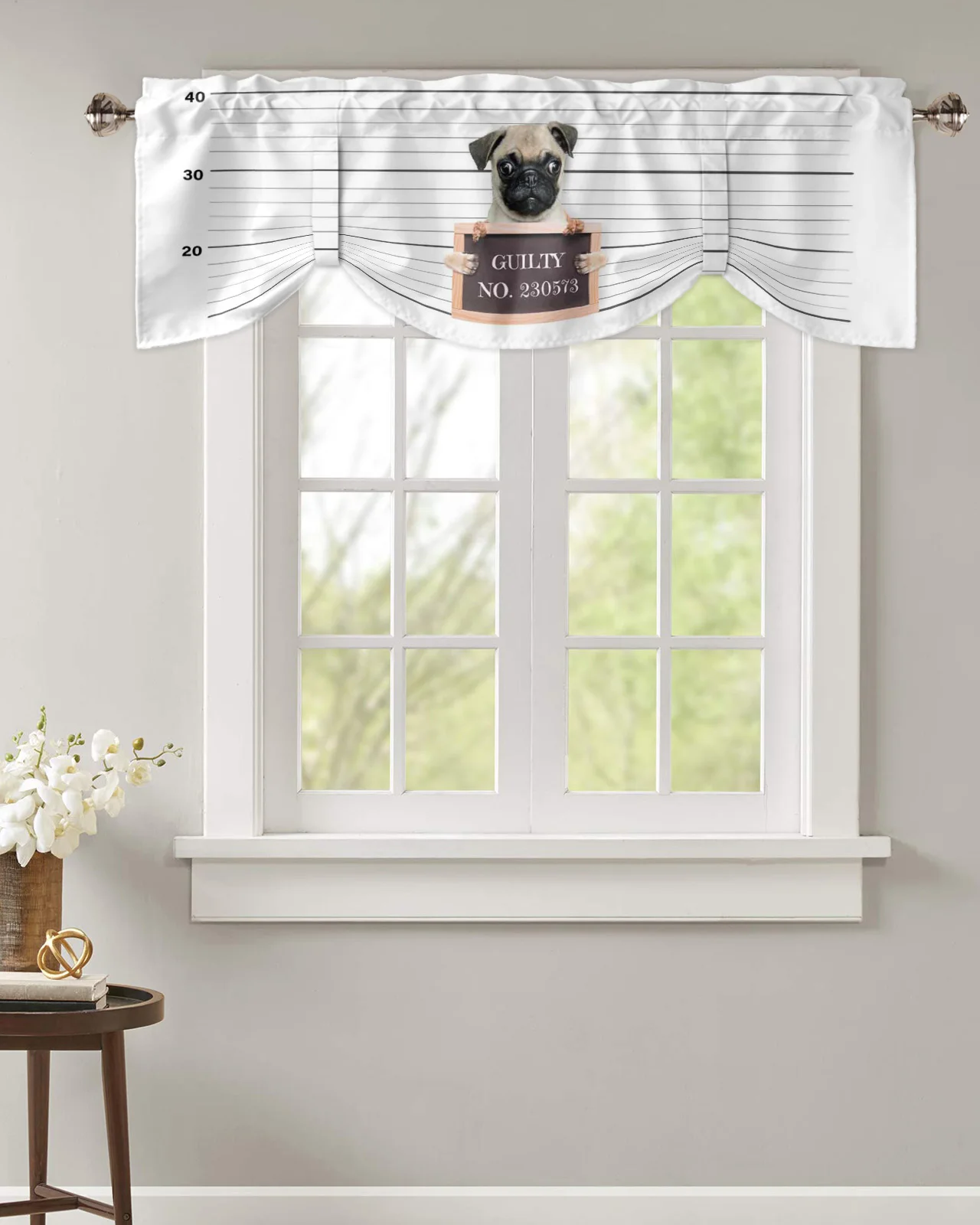 Animal Dog Pug Scale Ruler Window Valance Curtain Kitchen Cafe Short Curtains Living Room Tie-Up Valance Curtain