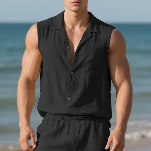 Verano casual transpirable cuello vuelto botón sin mangas cardigan camiseta chaleco hombres sólidos deportes sueltos playa Tops