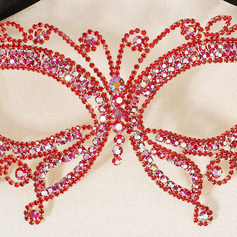 Butterfly Rhinestones Women Masquerade Masks Shiny Jewelry Accessories Elegant Stage Catwalk Carnival Cosplay Evening Prom Red
