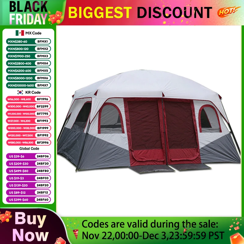 3.2*2.1*1.9m Outdoor 3-5 Persons Tourist Camping Tent Rainproof UV Protection Waterproof 2rooms Family Large Space S Size Beach