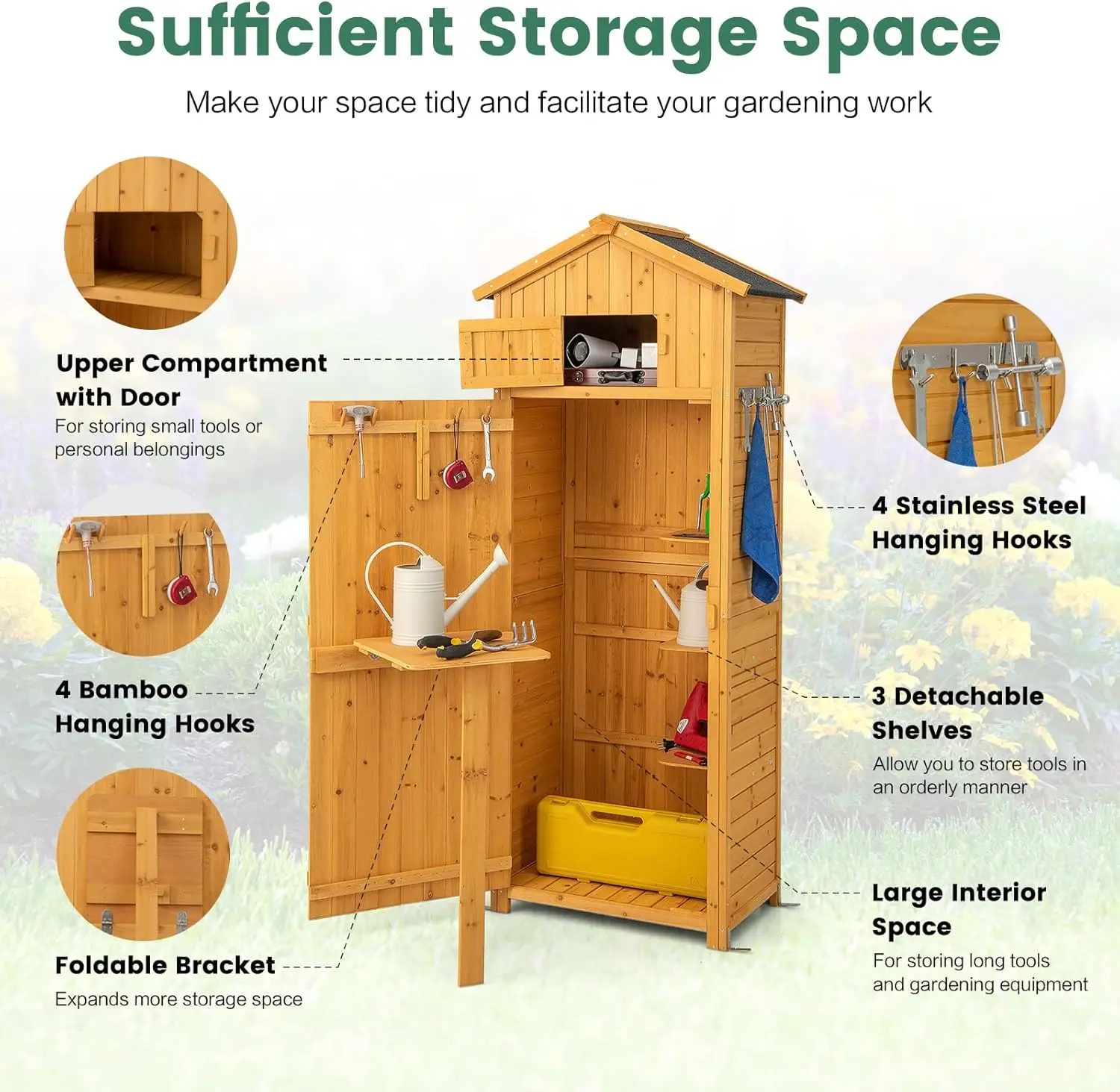 Outdoor Storage Shed, Wooden Garden Storage Cabinet with Lockable Doors, Foldable Table, Hooks, Utility Tool Organizer with