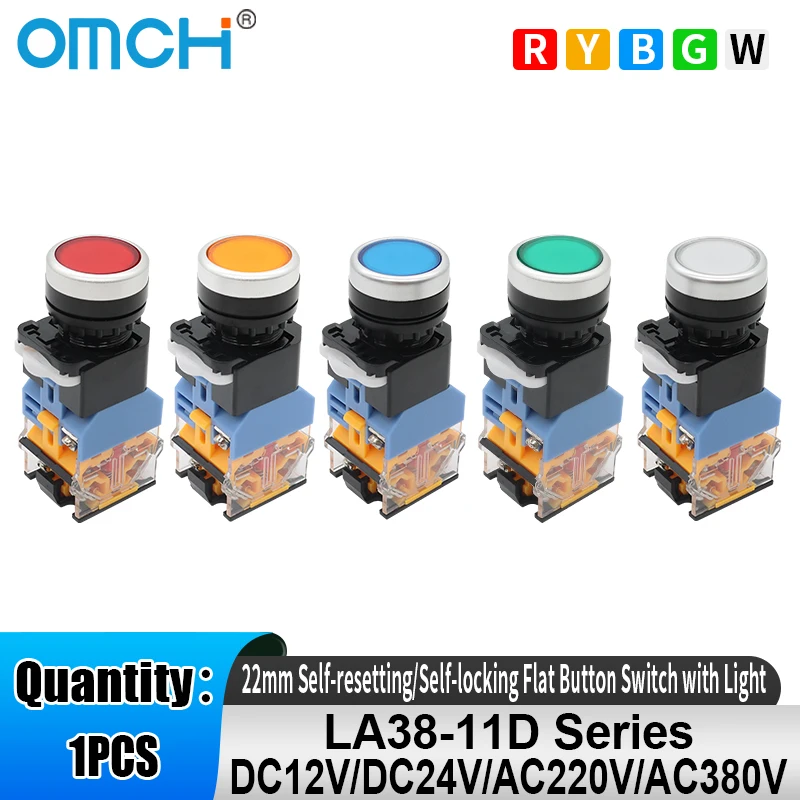 OMCH 1 قطعة LA38-11D/LA38-DZS 22 مللي متر الذاتي إعادة ضبط/الذاتي قفل زر مسطح التبديل مع ضوء DC12V 24 فولت AC220V 380 فولت زر التحكم #1