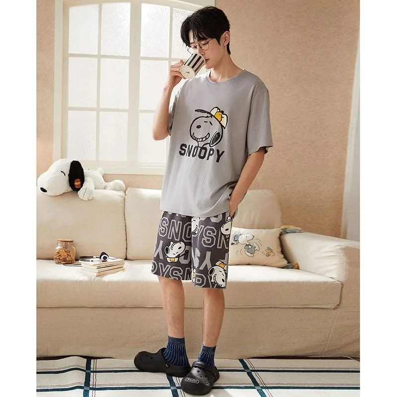سنوبي الكرتون أنيمي منامة الرجال في الصيف ارتداء قصيرة الأكمام السراويل دعوى القطن الخالص الرجال ملابس المنزل هدية عيد ميلاد بالجملة