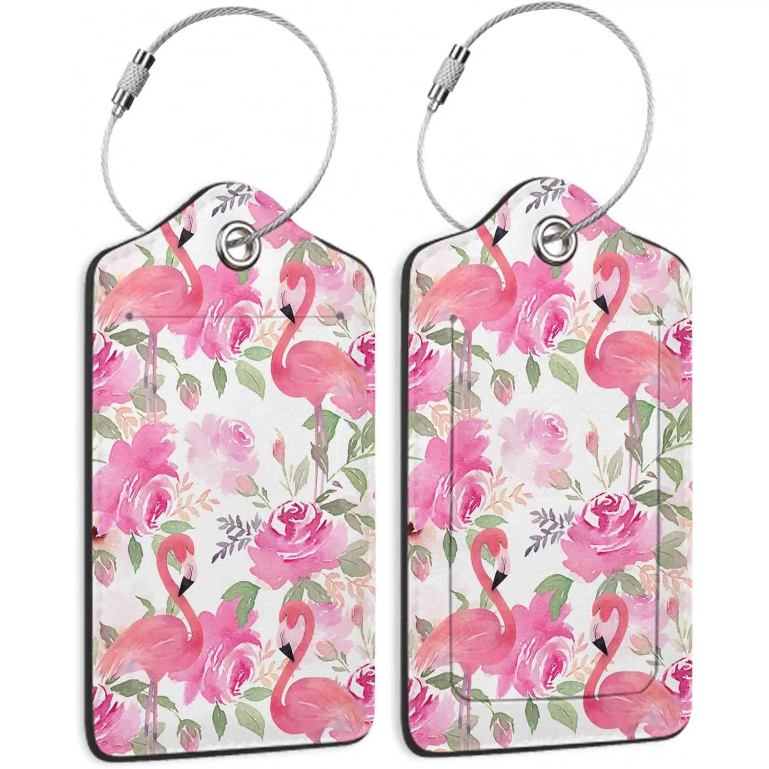 

Багажные бирки для чемодана, комплект из 2 шт., багажная бирка с розовым фламинго, цветы, лист, кожаная обложка, идентификационная этикетка с петлей из нержавеющей стали