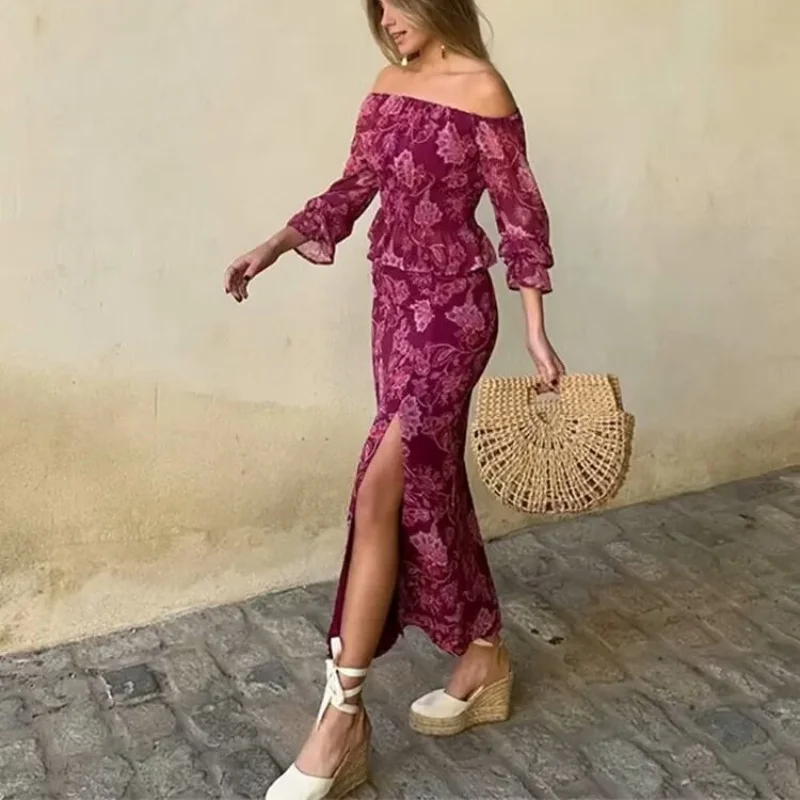 European and American style fashion print temperament suit one shoulder long sleeve shirt high waist mid-length slit skirt