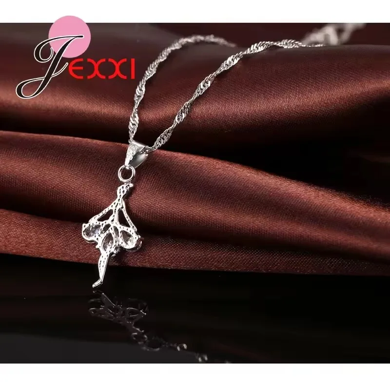 Dancing Ballet Girls Wedding Jewelry Sets 925 Sterling Silver Full Cubic Zircon Dress Necklace Earrings Ladies Decorations