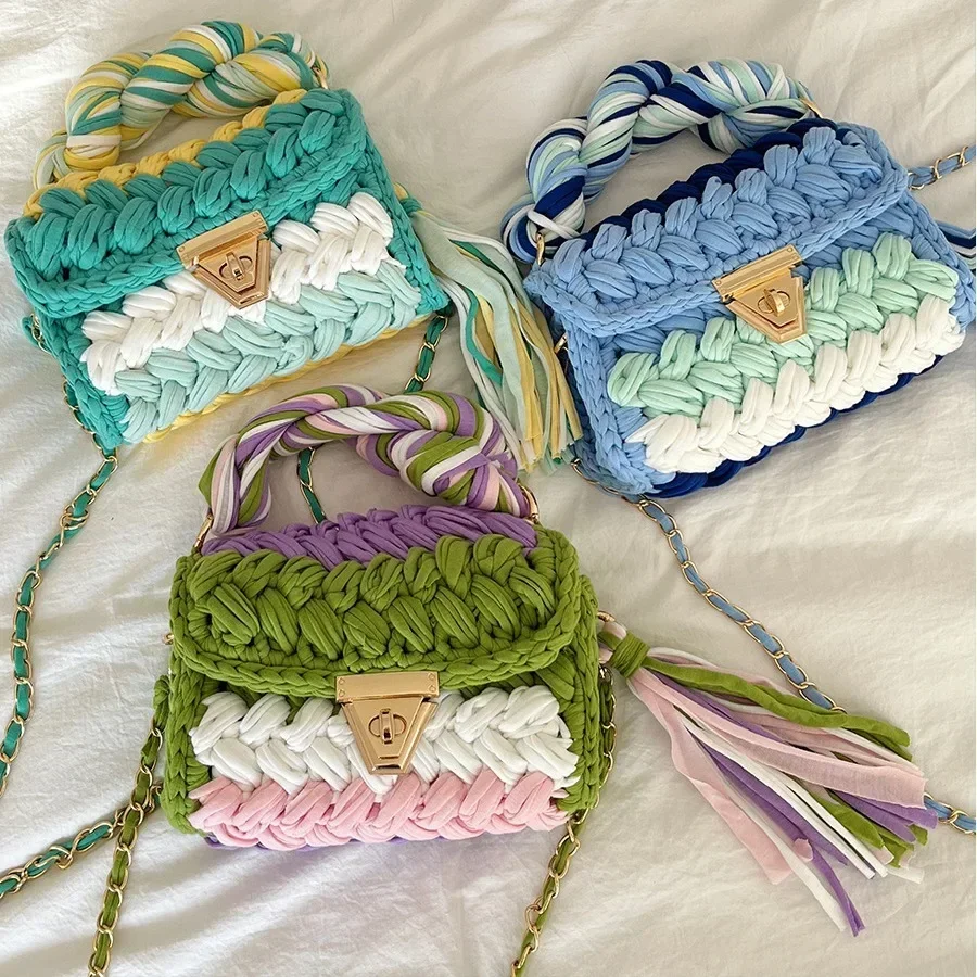 

Fashion Wool Knitting Handbag Handmade Crochet Shoulder Bag Tassel Woven Bags for Women Designer Yarn Crossbody Bag Flap Purses