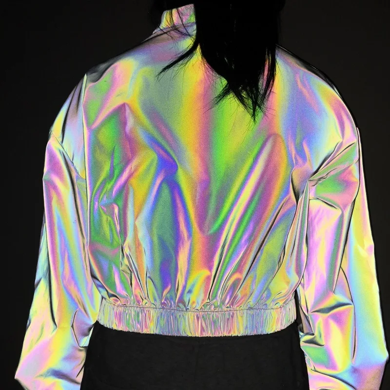 Jaqueta de beisebol reflexiva colorido casaco curto oversize streetwear bombardeiro jaqueta moda outerwear feminino y2k festa clubwear