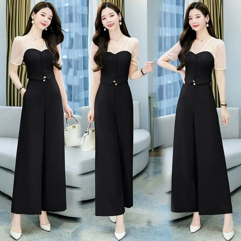 Wide Leg Pants Set for Women 2024 New Summer Temperament Goddess Style Fashion Short Top Slimming Wide Leg Pants Two-piece Set