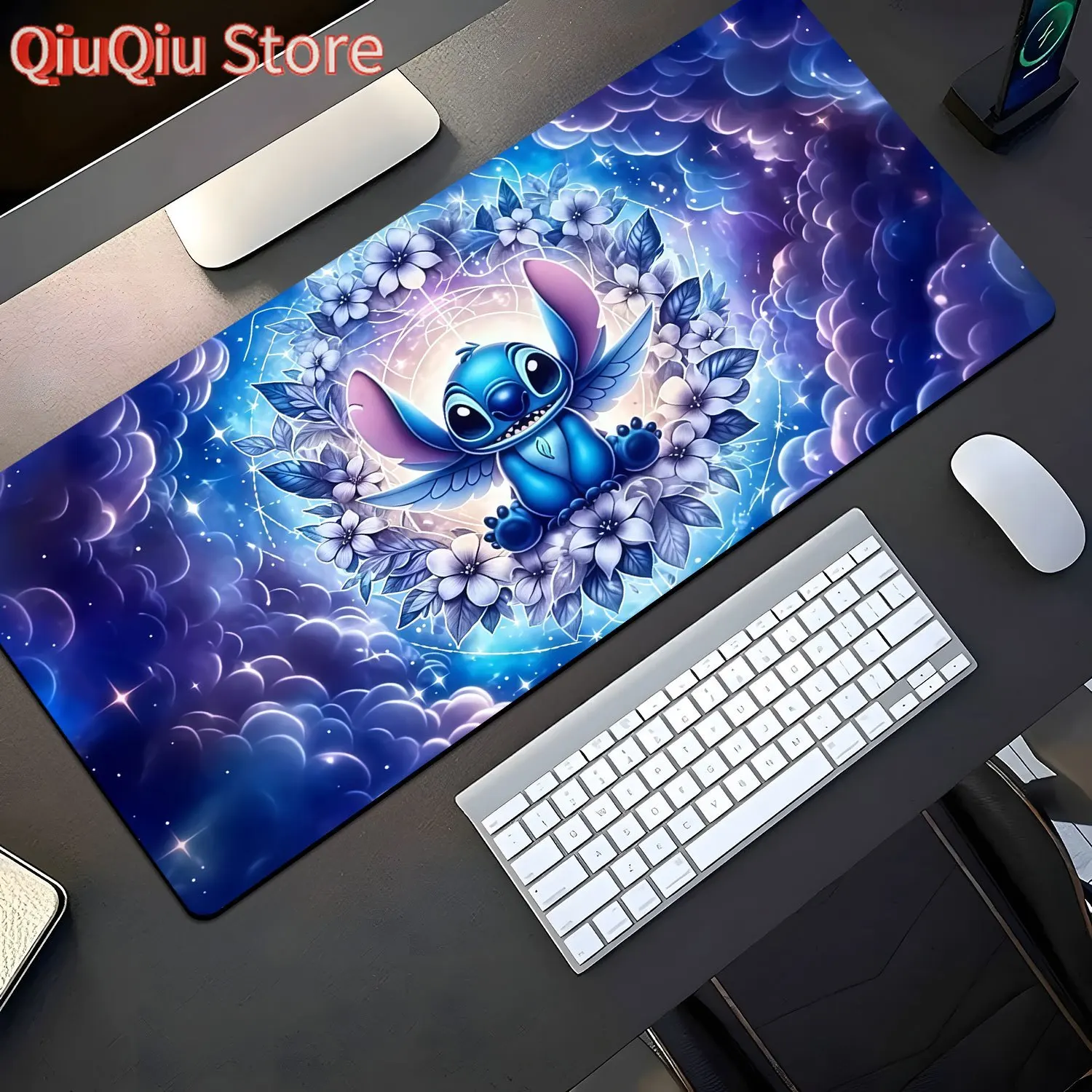 

1 шт., большой удлиненный коврик для клавиатуры и мыши Disney Stitch, настольный коврик с нескользящей основой, прошитыми краями — яркий космический цветочный дизайн