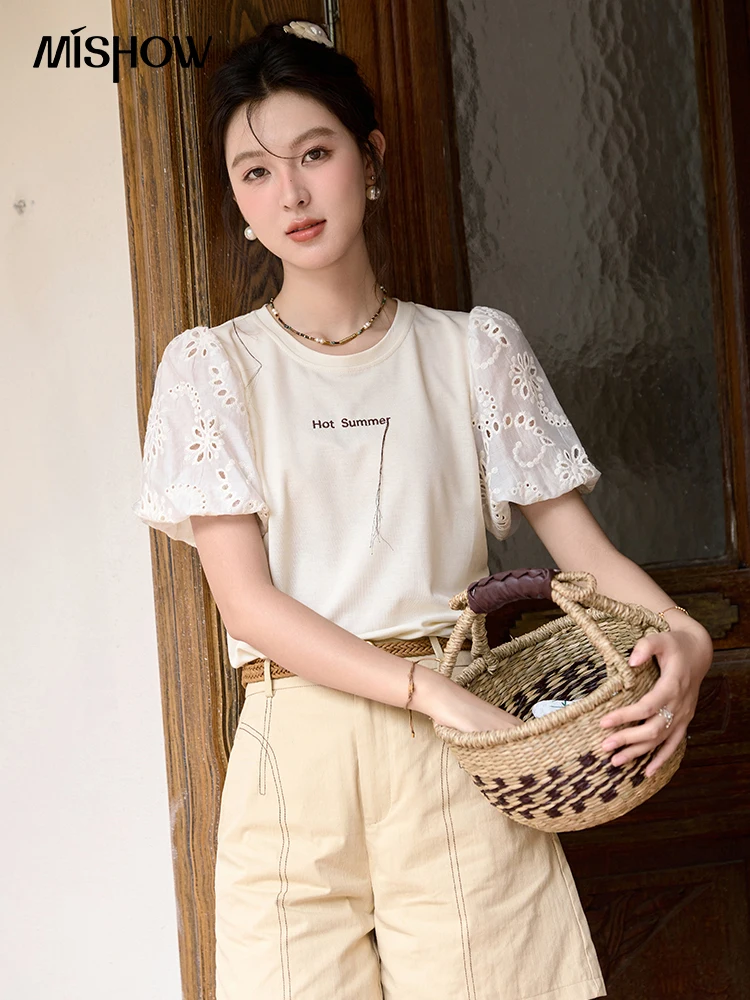 

MISHOW Hollow Bubble Sleeve T-shirt for Women 2024 Summer Sweet Letter Embroidered Tees Round Neck Short Sleeved Top MXD29T0337