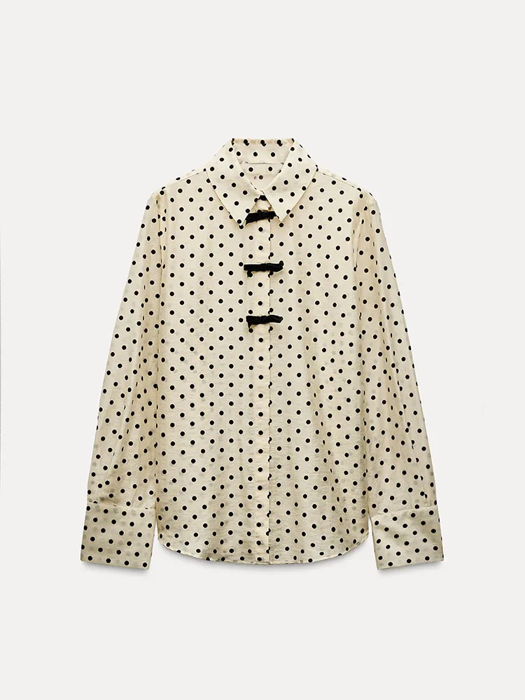 Lente nieuwe collectie dames casual irt met stippen vlinderdas lange Sve turn-down kraag losse pasvorm woon-werkverkeer sle 236623