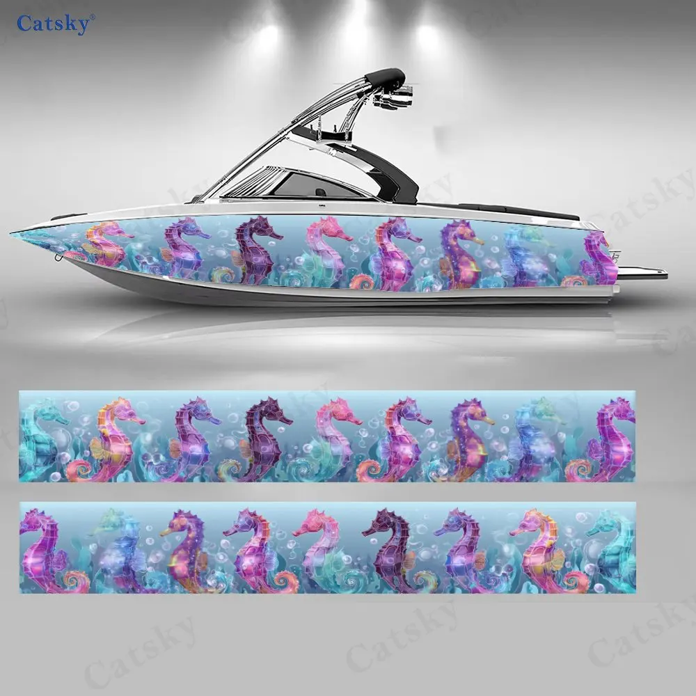 Colorful Seahorse Blue Water Boat Stickers, PVC Waterproof Vinyl Wrap Decals for Fishing Boats, Durable and Stylish Design