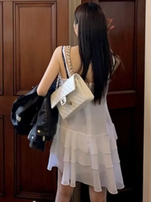 Vestido curto f sem alças com babados de camada dupla, decote em V, emaecedor, saia psada, moda verão, casual