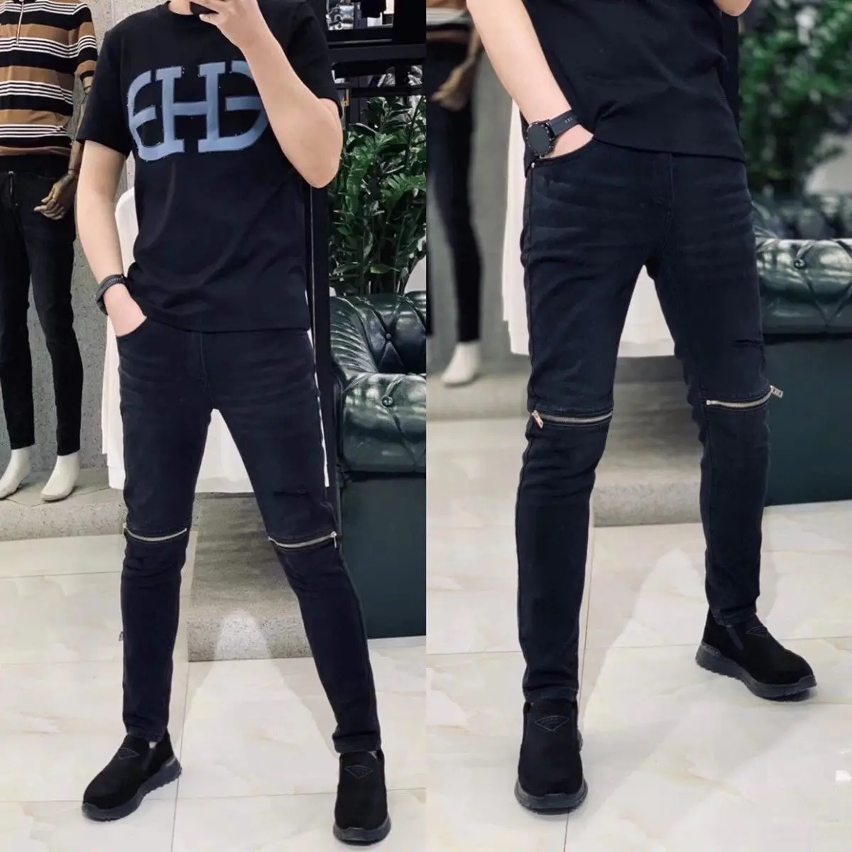 New Arrival Trendy Stylish Black Denim Slim Jeans kpop Men\'s Casual Spring Autumn Zipper Distressed Designer Luxury Pants Male