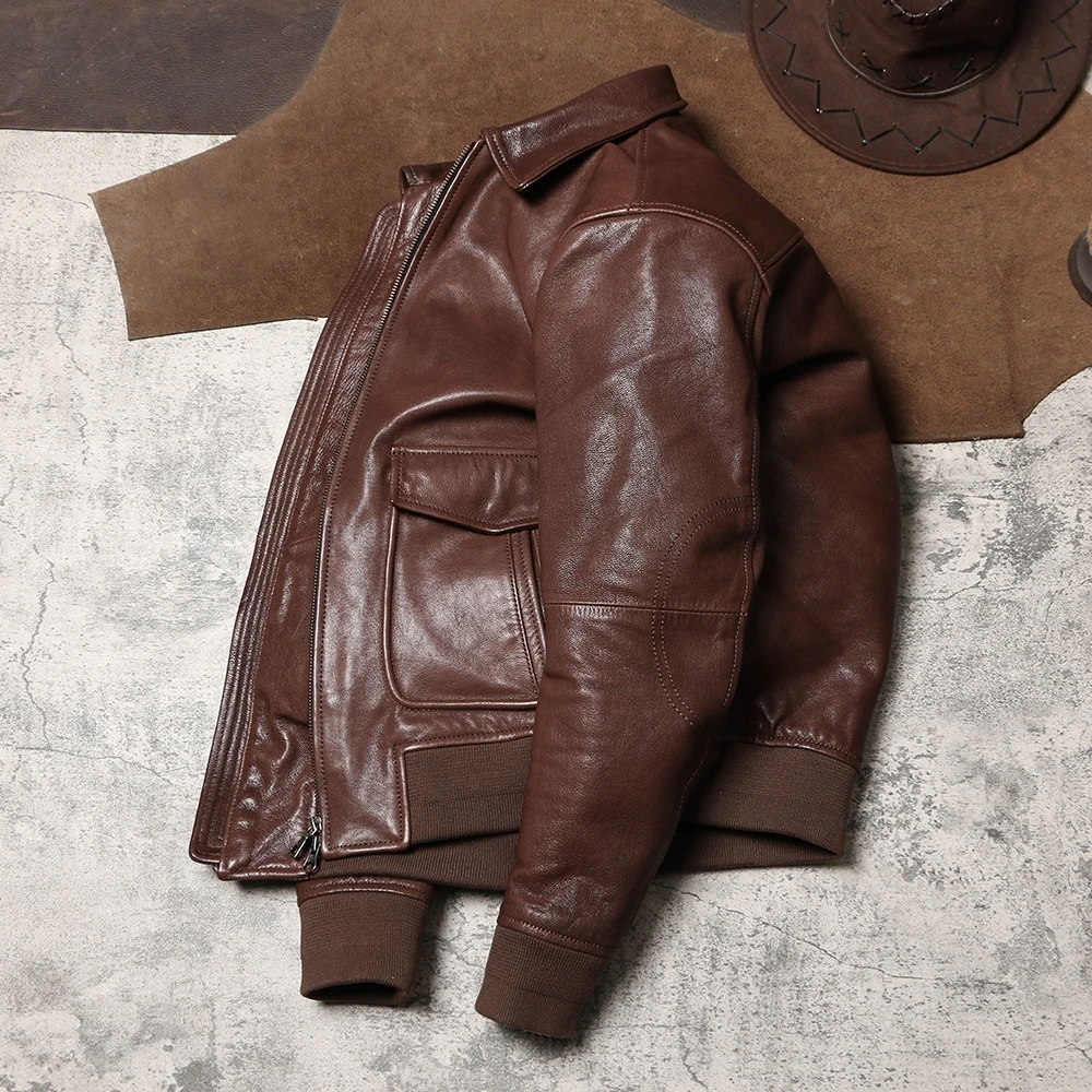 

Red Brown Spring Leather Jacket Men Retro Style Plus Size 5XL Genuine Natural Sheepskin Turn-Down Collar A2 Military Flight Coat