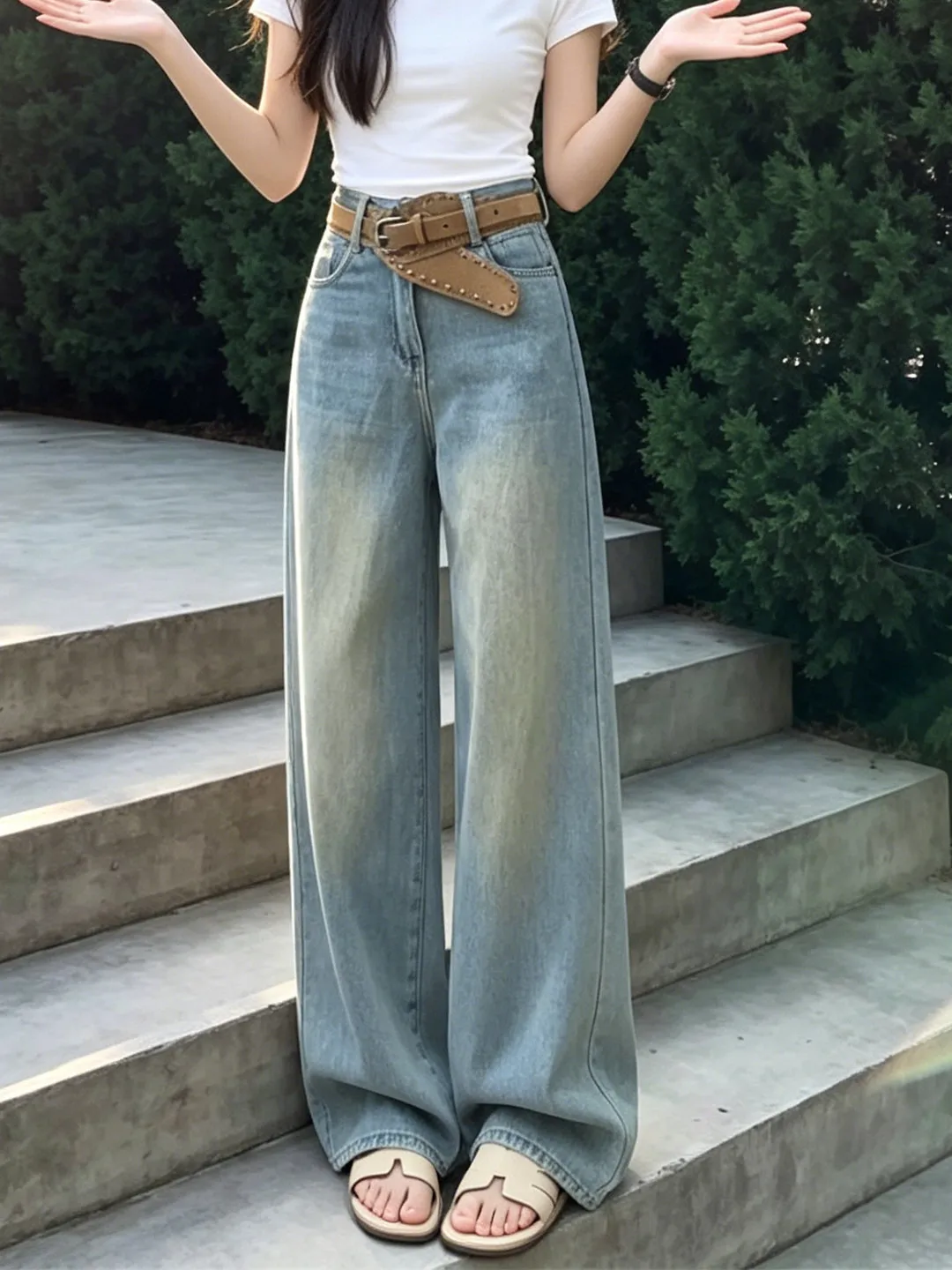 

Retro High Waist Wide Leg Blue Jeans Women's Summer New Loose Slim Hiding Hip Floor Length Straight Cut Trousers