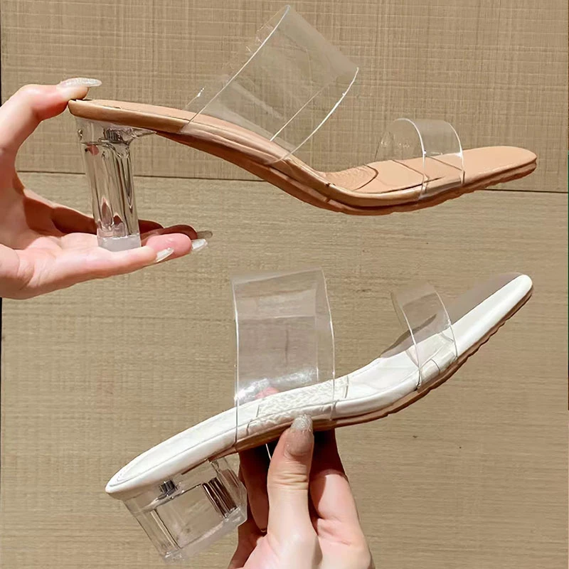 

2026 Summer New French Transparent Sandals and Slippers Female Sense Block Heel Crystal High Heels
