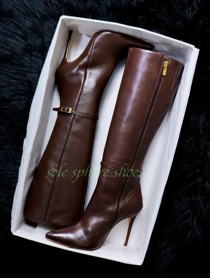 

Lady Dark Brown Vintage Style Knee Pu Boots Buckle Strap Pointed Toe Pu Stiletto Heel Knee Boots Fall Runway Footwear Size 34-46