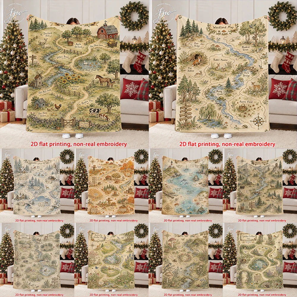 1pc  Vintage Countryside Trail Map Flannel Throw Blanket, Retro Nature Landscape Decorative Blanket for Sofa Bed Couch