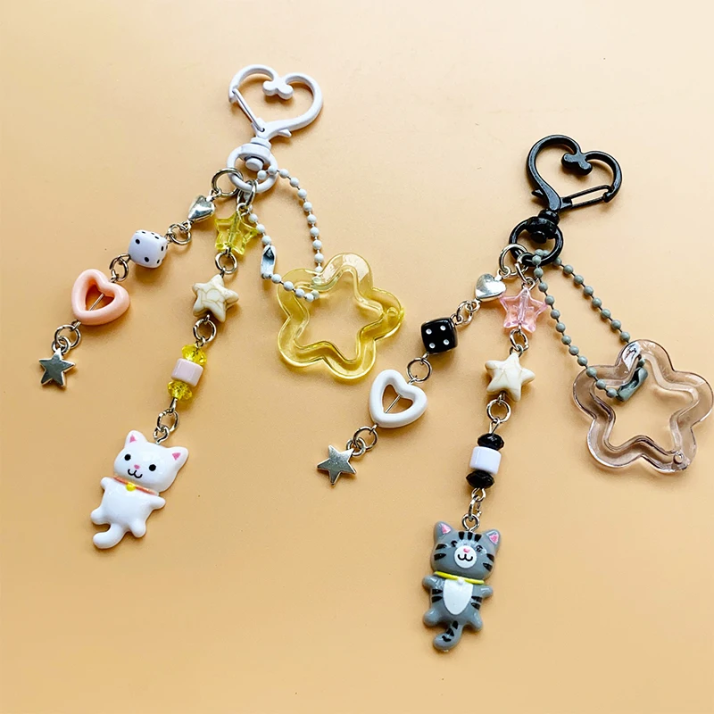 Y2k Aesthetic Phone Lanyard Keychain Fashion Cartoon Cat Keyring Sweet Girls Bag Pendant Decoration Backpack Ornament