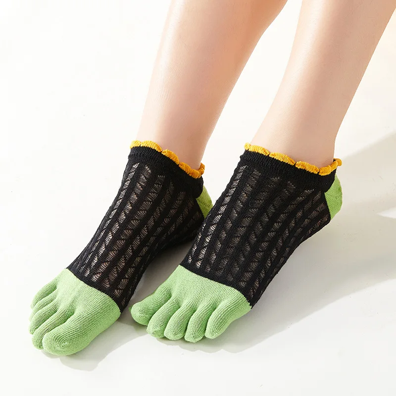 Summer 5 Finger Socks Ankle Women Large-Mesh Breathable Cool Lace Patchwork Sweat-Absorbing Invisible No Show Harajuku Socks