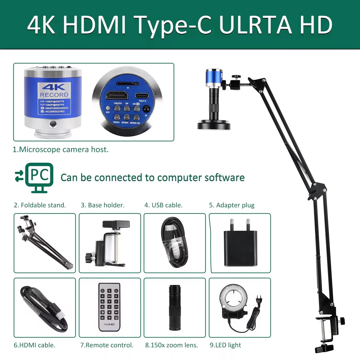 4K 150X Digitale Microscoop 48MP Videomicroscoop voor Elektronica HDMI Type-C USB 13MP VGA Industriële Camera voor PCB-inspectie