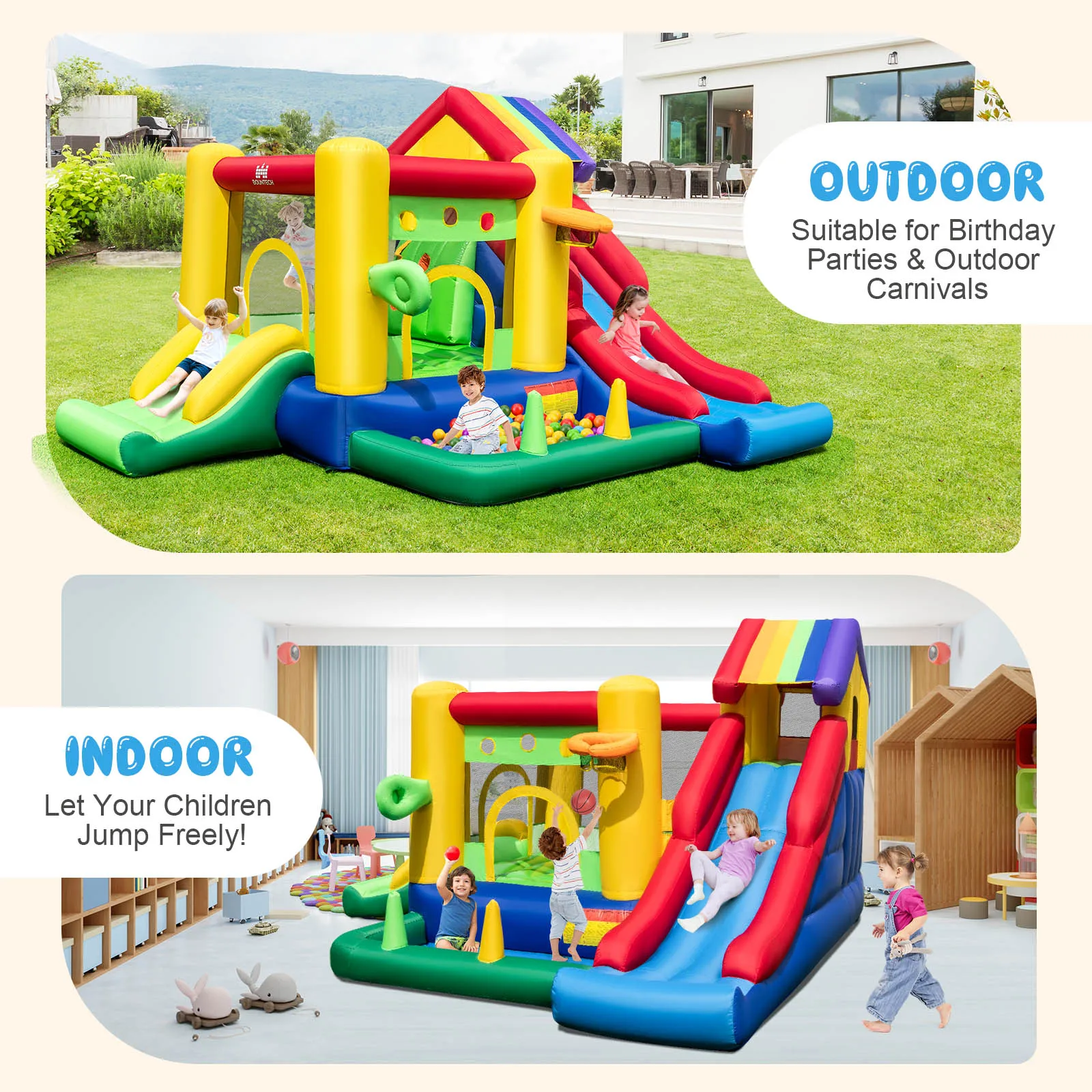 Castillo de rebote inflable para niños, arcoíris colorido con 50 bolas oceánicas y soplador de 735w